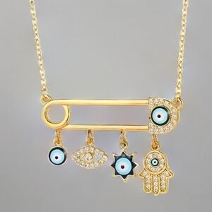 18k Gold Boho Evil Eye Safety Pin Pendant Necklace